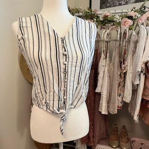 Sim and Sam sleeveless white and navy stripe button down tie blouse top size m